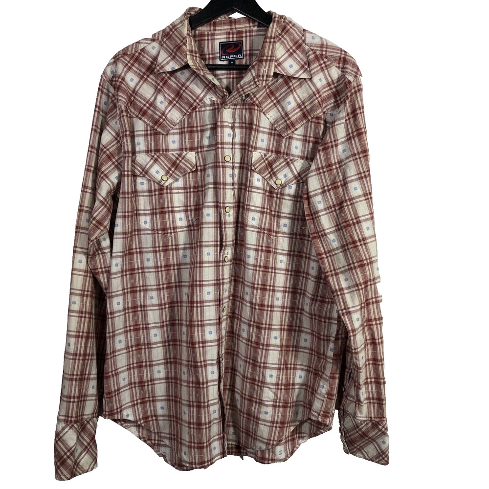 Vintage Western Pearl Snap Shirt Red White Medium Roper Long Sleeve Cotton